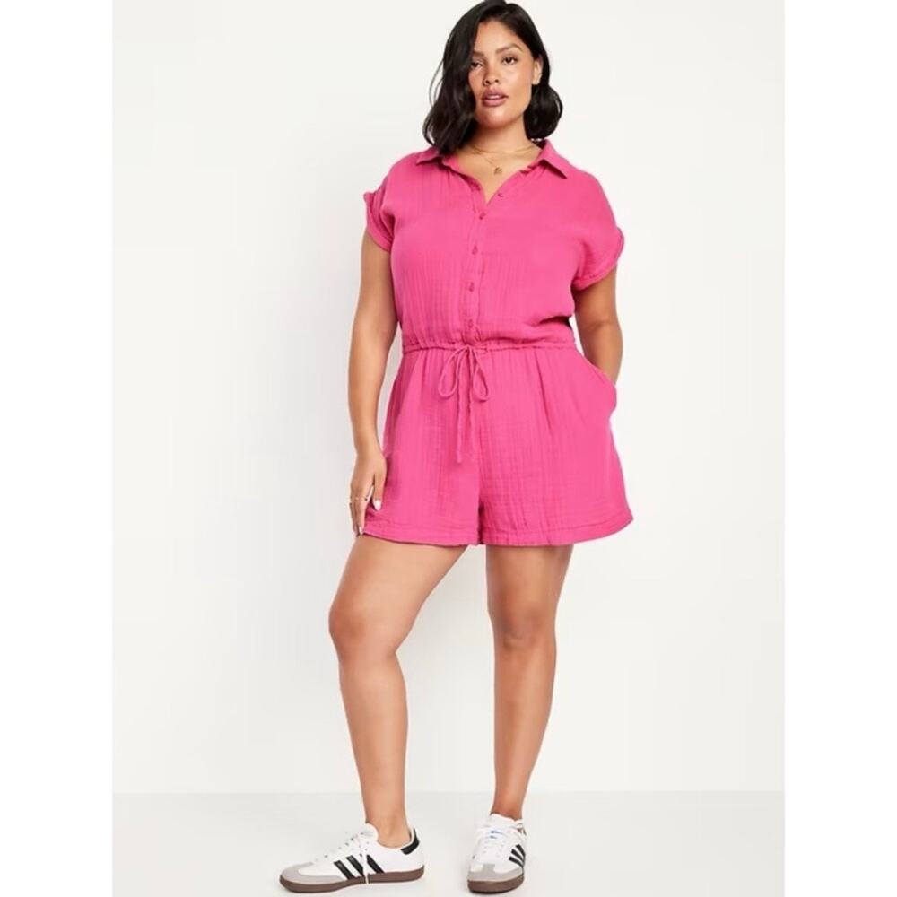 Old Navy XXL Bright Pink 100% Cotton Gauze Button-Up Collared Romper NWT - Picture 10 of 10